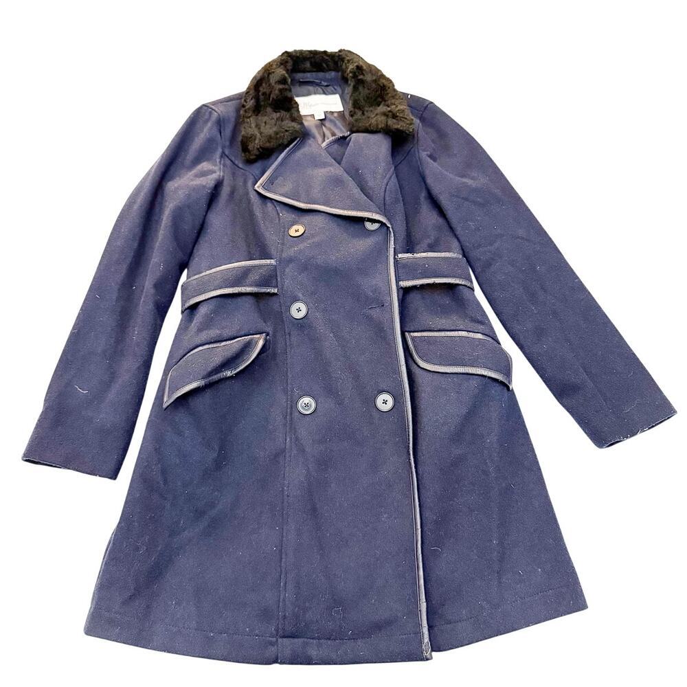 UK Style French Connection Blue Midnight Peacoat Faux Leather Trim Coat Size M